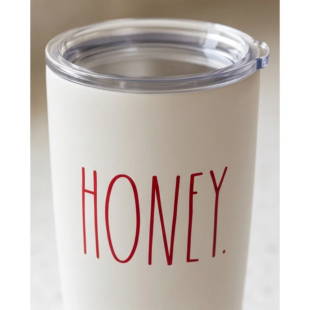 Rae Dunn HONEY Insulated Stainless Steel Tumbler 17oz White Red Travel Mug Lid